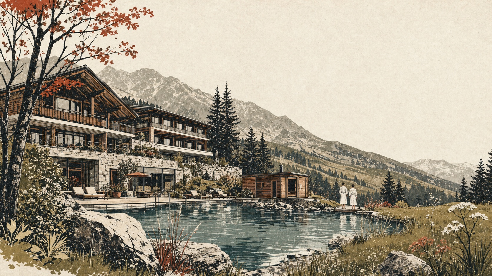 Gezeichnetes Wellnesshotel in den Bergen