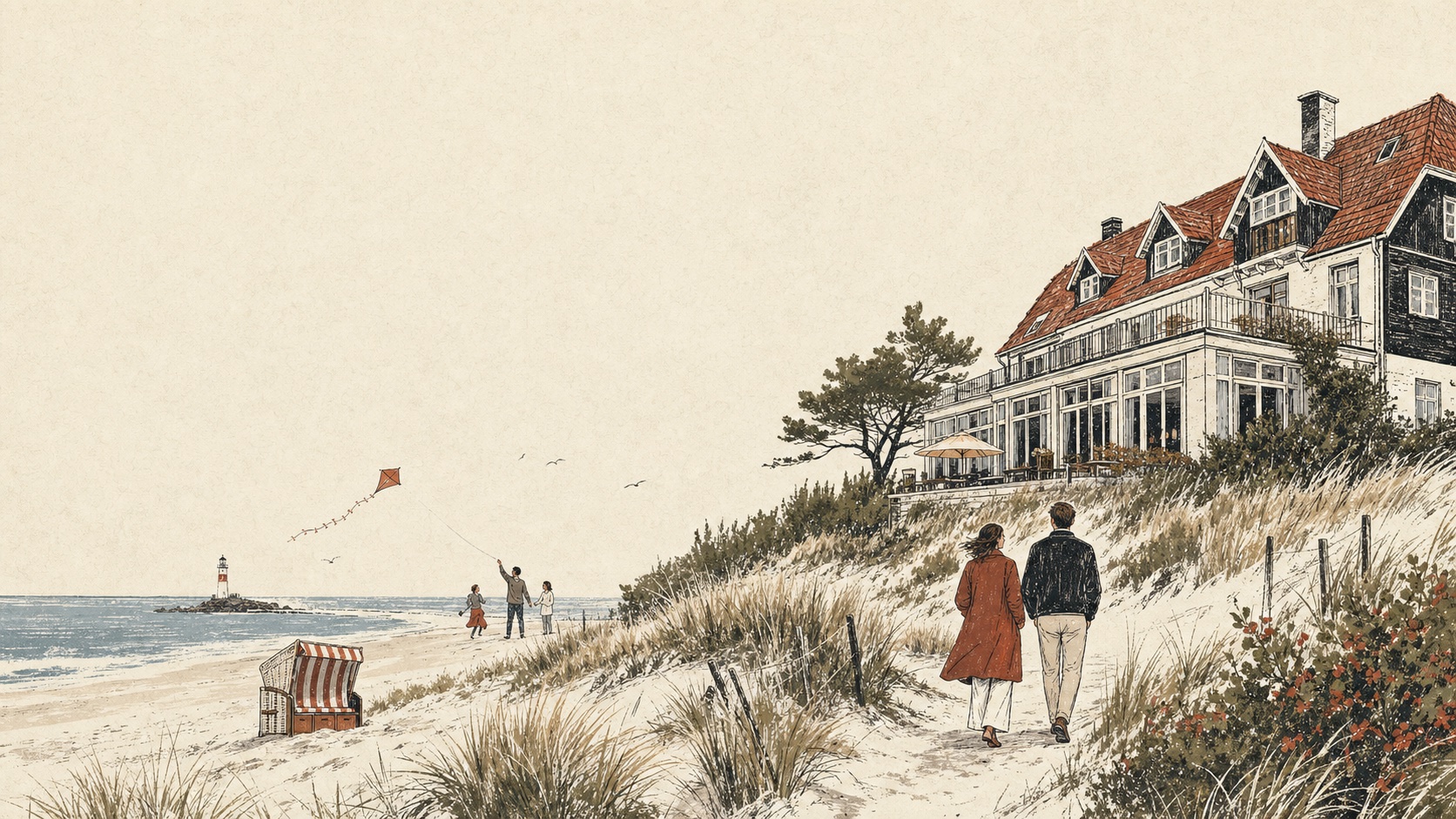 Gezeichnetes Hotel in den Dünen an der Küste