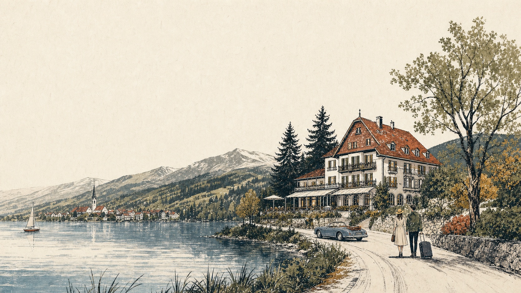 Gezeichnetes Hotel an einem Alpensee