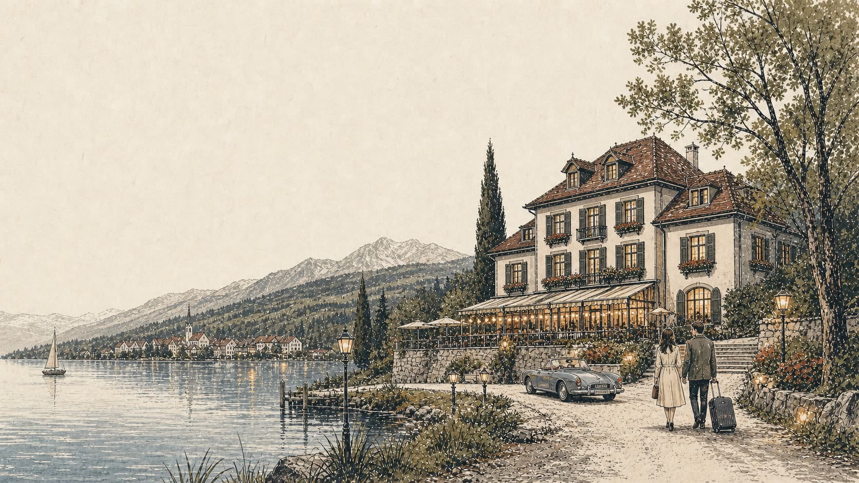 Gezeichnetes Hotel an einem See