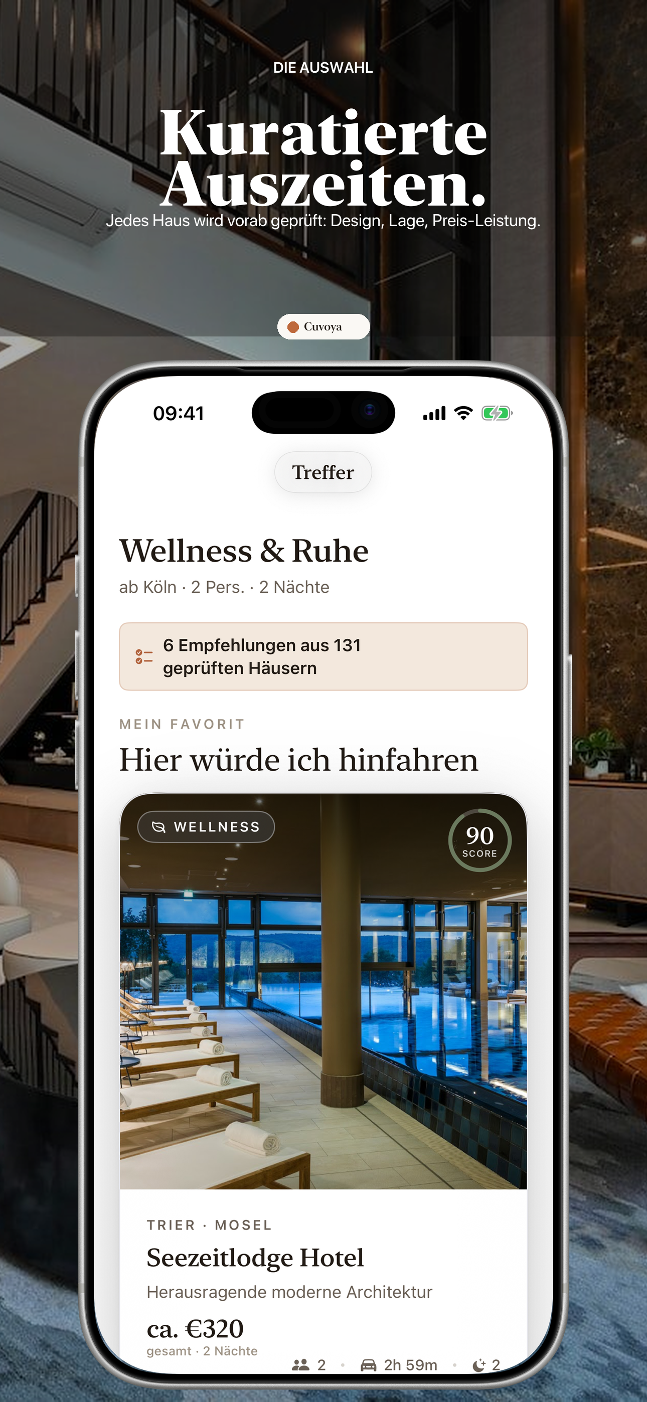 Cuvoya auf einem iPhone mit einer kuratierten Hotelauswahl